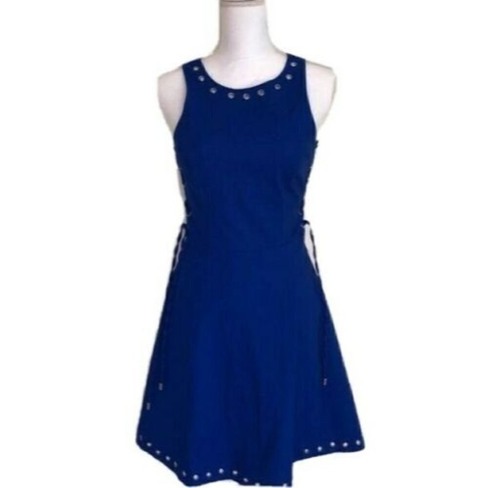 Parker Flynn Mini Dress Medium M Stretch Woven Embellished Silver Tone Grommets